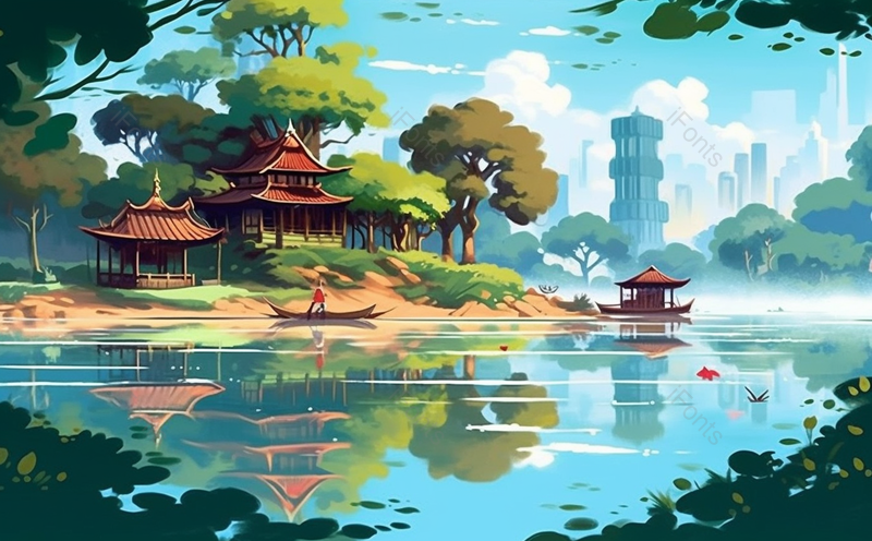 池塘中间耸立着亭台楼阁景观设计古典中国风插画背景壁纸,插画/手绘图,插画/手绘图库,插画/手绘图下载,插画/手绘